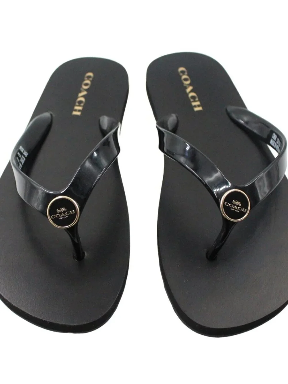 COACH Zayn Slip-on Thong Black Gold Accent Logo Flip Flops Sandals - EUC